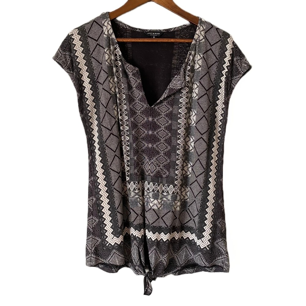 Lucky Brand Women's Medium Split Neck Tie Front Geometric Stretch Boho Aztec Top